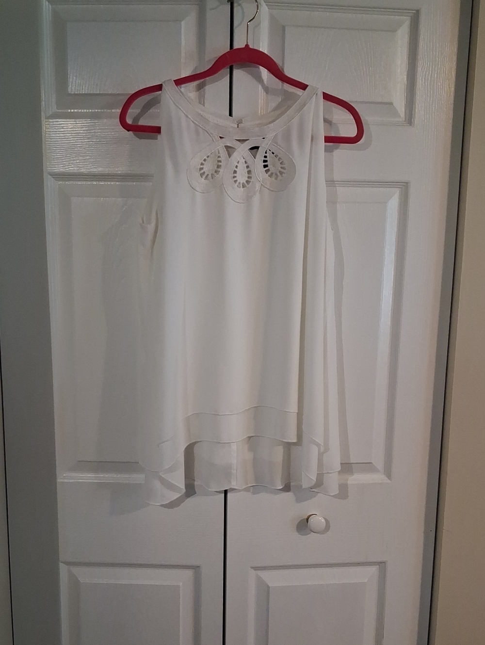 White Sleeveless Chiffon Overlay Top with Decorative Neckline